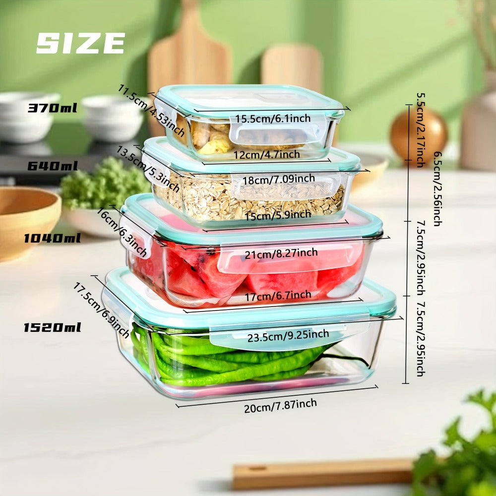 8/16 piezas Contenedores de vidrio con tapas, Juego combinado de contenedores de vidrio transparentes herméticos de 370 ml + 1040 ml para preparar comidas, aptos para lavavajillas, microondas y congelador, azul