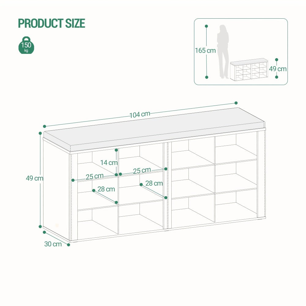 Banco para Zapatos, Estante con Asiento, Banco con Almacenamiento, Cojín, 12 Compartimentos, para Sala, Pasillo, Dormitorio, Blanco-Gris