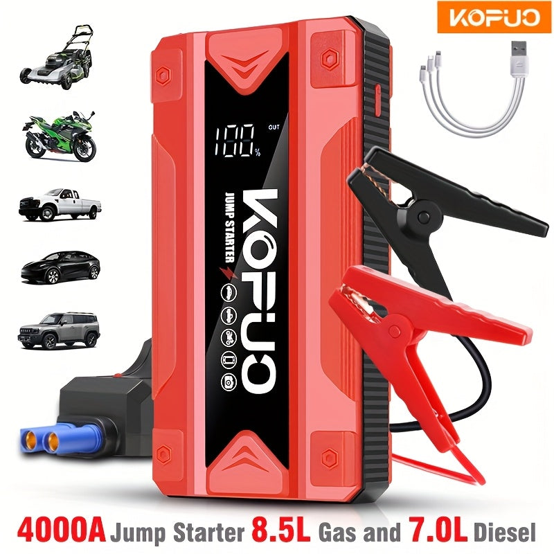 Arrancador de batería de coche KOPUO, arrancador de batería de coche de 3000/4000A para motores de gasolina de hasta 8.5L y diésel de 7.0L, caja de arranque portátil de 12V con USB/banco de energía/salida dual/luce LED, cargador de coche