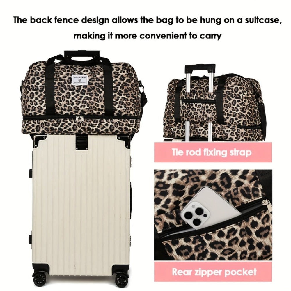 Maleta moderna con estampado de leopardo y amplio espacio, con compartimento separado para zapatos, correa de hombro ajustable, ideal para el gimnasio, yoga y escapadas de fin de semana, así como actividades de ocio y camping al aire libre
