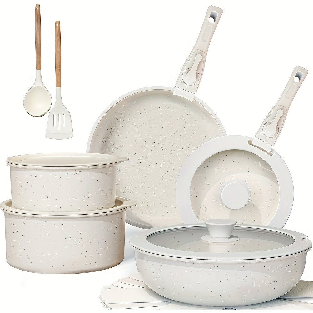 Juego de Ollas y Sartenes 17 piezas/6 piezas, Juego de Cocina de Cerámica Antiadherente con Asas Removibles, Sartén 20/26cm, Sartén para Freír Profunda 26cm, Olla 18/20cm, Juego de Ollas Apilables para Todo Tipo de Estufas, Apto para Horno