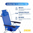 Silla Playa Plegable, Sillon Alto con Cojín, Reclinable, Altura del Asiento 29,5 cm, Asa de Transporte, Bolsillo para Movil y Bebida Textileno Resistente, Jardin, Camping, Hamaca