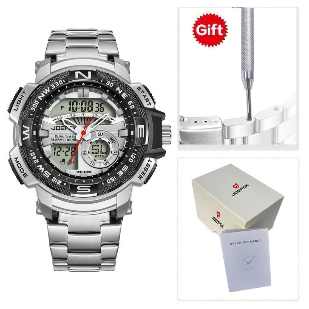 Reloj deportivo de lujo para hombre JOEFOX con doble pantalla - Esfera grande, luz nocturna LED, resistente al agua 3ATM, cronógrafo y alarma, reloj de pulsera estilo campo para hombre