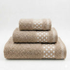 Juego de Toallas de Algodón 100% (3 Piezas) - Incluye Toalla de Tocador, Lavabo y Ducha | Tacto Suave, Ultra Absorbentes con Diseño Elegante de Lunares | Set Premium para Baño