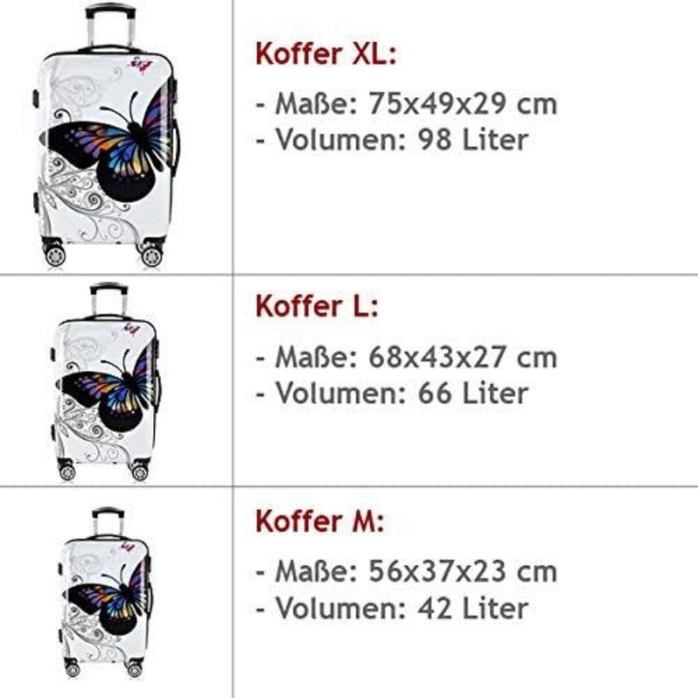 Monzana® Completo Set de 3 Maletas de Viaje Butterfly 42L 66L 98L Valijas Equipaje Mango Telescópico 4 Ruedas 360°