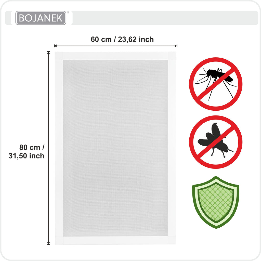 Mosquitera con marco blanco para ventana - BOJANEK - Marco de aluminio blanco - 30 tamaños - Mosquitera no invasiva para ventana - Malla de fibra de vidrio gris - Mosquitera contra mosquitos, moscas e insectos - Mosquitera para marco de ventana sin taladr