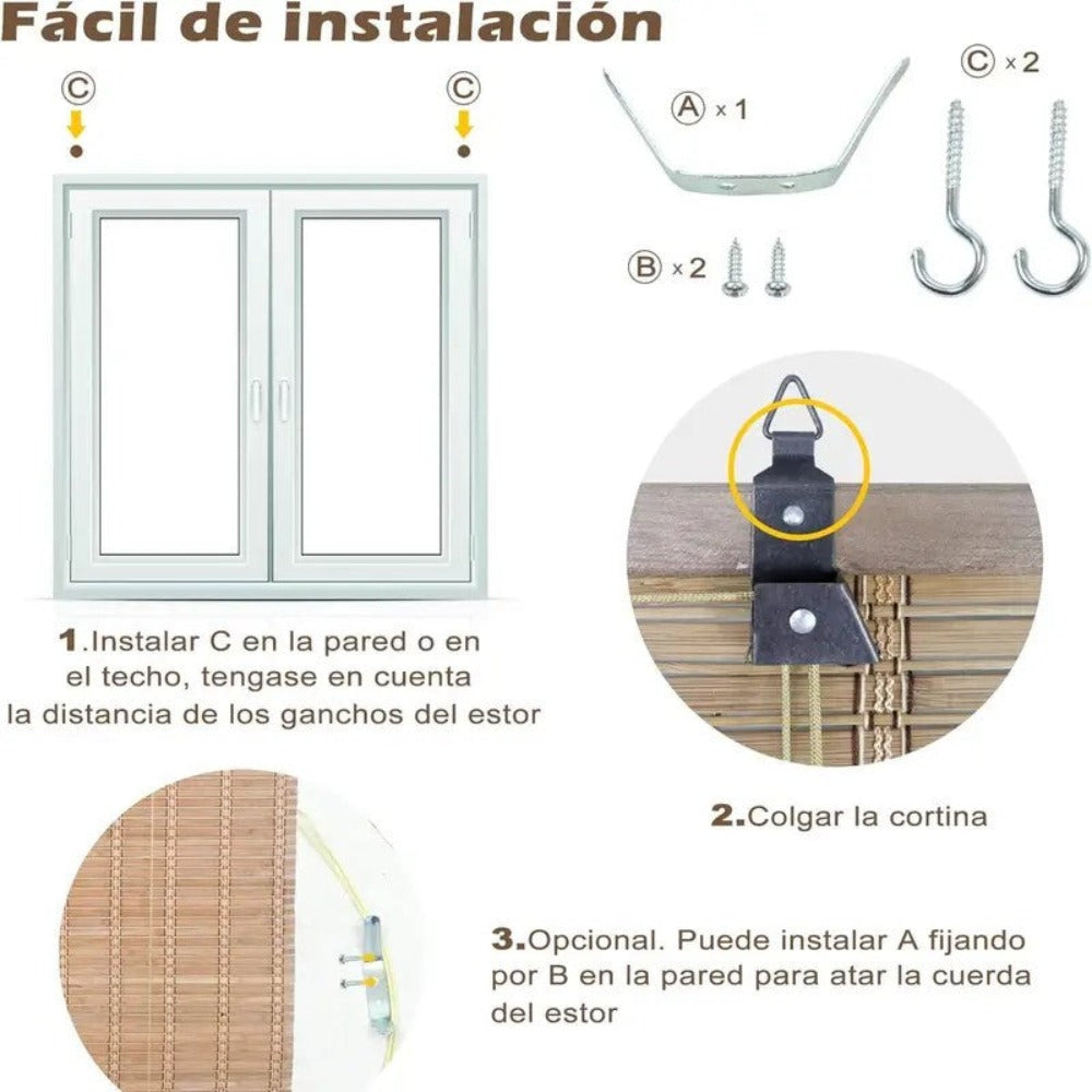 Cortina Persiana de Madera Incluye Accesorios, Estor de Bambú Enrollable para Ventana y Puerta (DIMENSIONES ANCHO X LARGO)