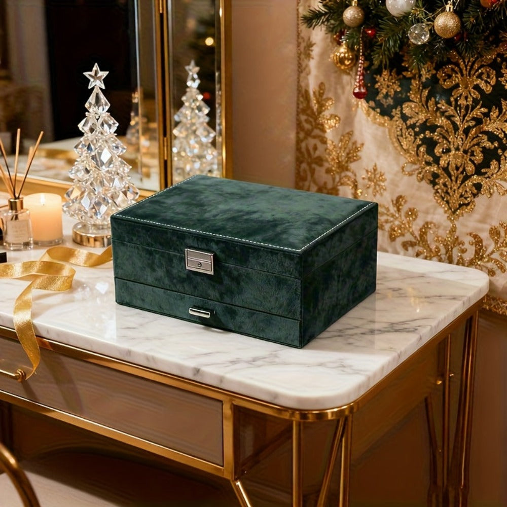 Caja Organizadora de Joyas de 3 Niveles con Cerradura de Llave - Compartimentos Forrados en Terciopelo Suave, Ideal para Aretes, Collares, Pulseras, Anillos - Caja de PU en Tono Pastel, Diseño Retro, Regalo Perfecto para (Navidad, Bodas), Cajas de Joyería