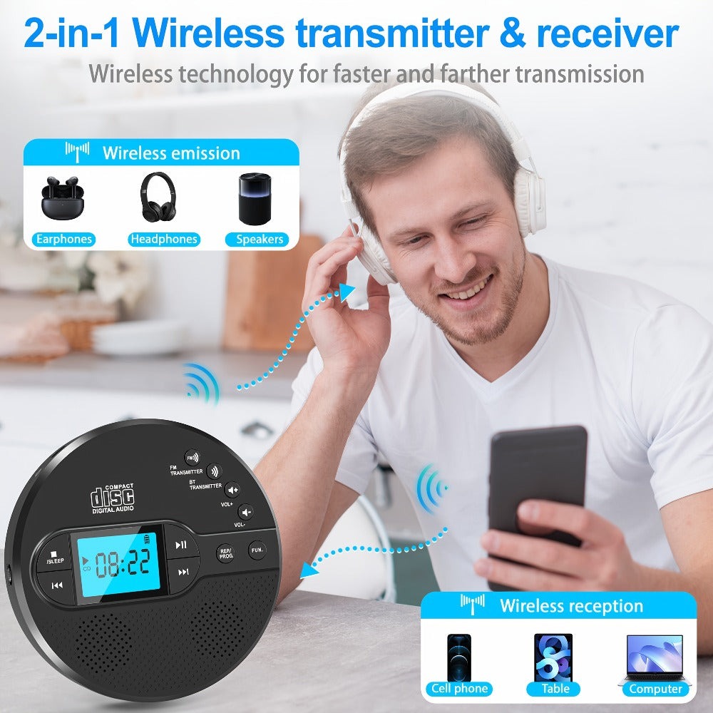 Reproductor de CD Portátil, Reproductor de CD de Alta Calidad y Claridad con Transmisor FM y Altavoz para Coche, Reproductor de CD Recargable con Altavoz Dual y Protección Anti-Saltos, Auriculares, Pantalla LCD 5 Modos de Música