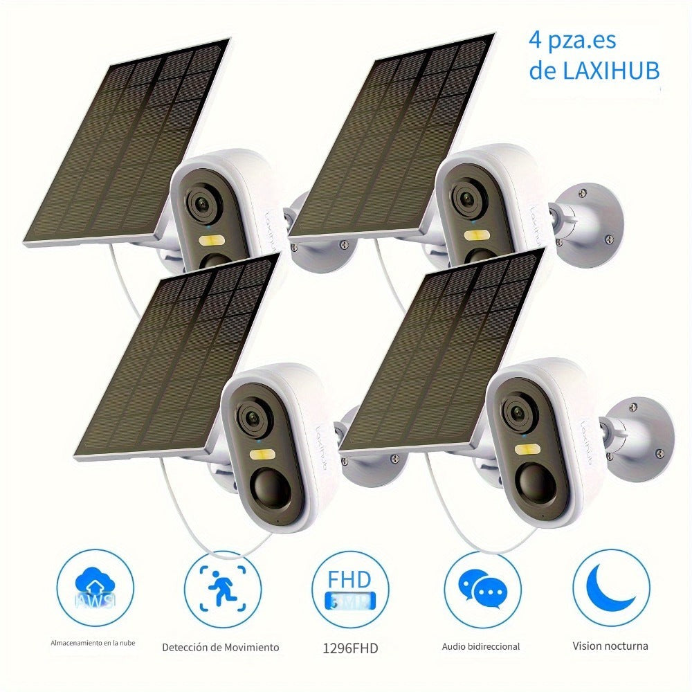 4pcs LaxiHub Cámara de Seguridad Inalámbrica FHD, Cámara Wi-Fi para Exteriores, Rastreo de Movimiento con IA, IP65, Visión Nocturna en Color, Audio Bidireccional para Seguridad de Bebés y Mascotas, Acceso Remoto por App, Almacenamiento en SD/Nube