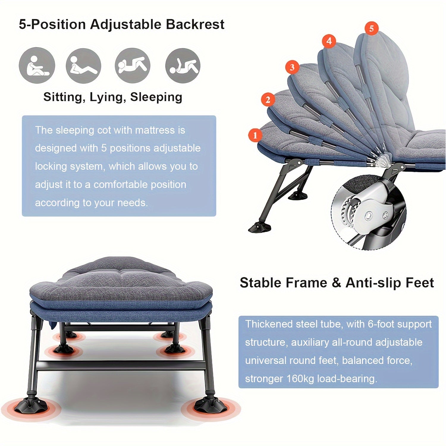 Camilla Solar de Jardín - Jardín Reclinable, Cama de Pesca, Pesca de Carpa con Bolsillo Lateral y Colchón, Camilla Solar Portátil Ajustable de 5 Velocidades para Exteriores