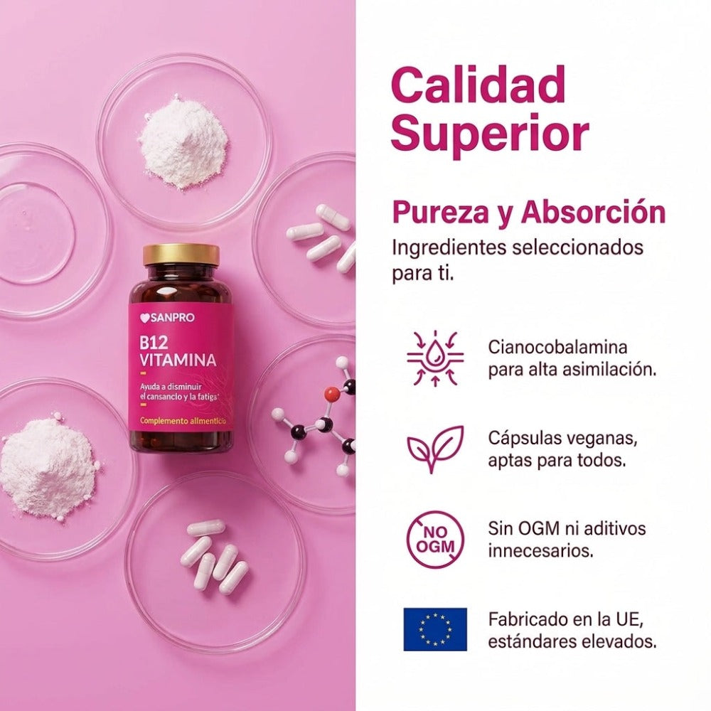 Vitamina B12 1000µg Alta Dosis | 60 Cápsulas Veganas - Sin OGM | Cianocobalamina Alta Absorción | San Pro