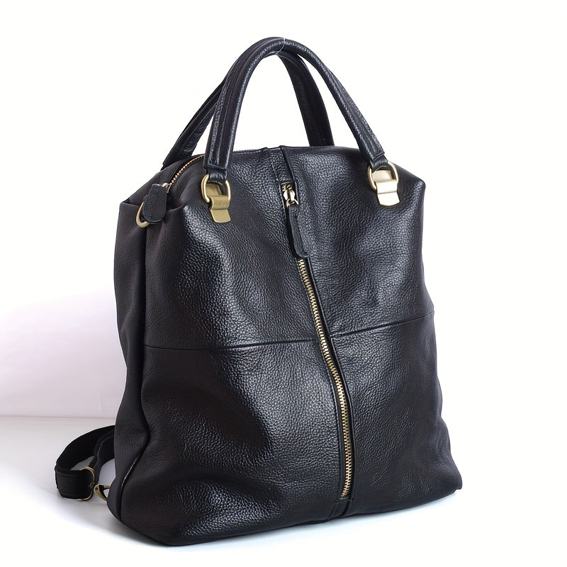 Mochila de cuero genuino para mujer - Diseño elegante y minimalista con herrajes dorados, compartimentos grandes con cremallera y correa de hombro ajustable, versátil para trabajo, viajes y uso diario, bolso de mano de lujo con forro acolchado