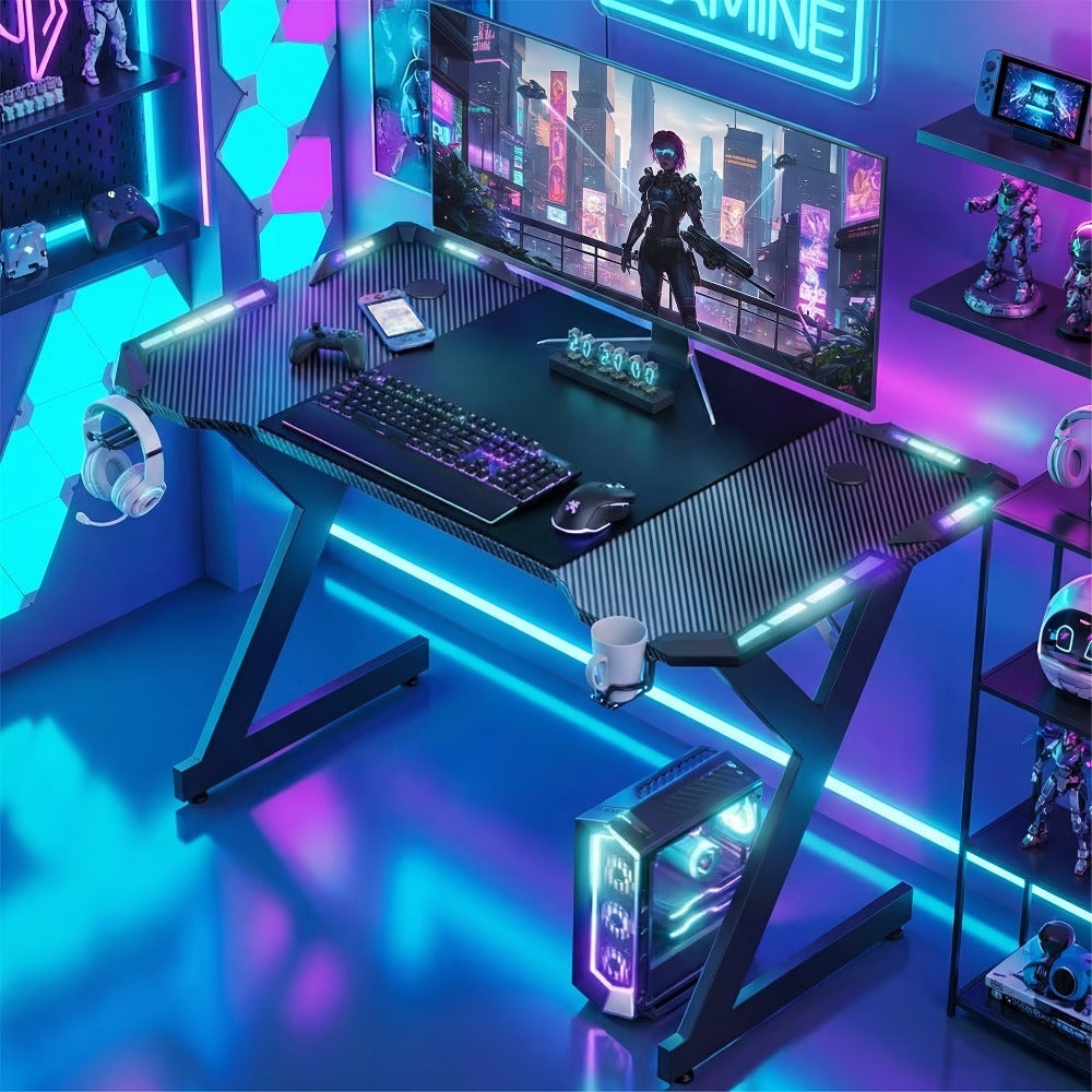 Escritorios de oficina y estaciones de trabajo para computadora con luces LED, escritorio ergonómico para gaming con superficie de fibra de carbono, estación de trabajo robusta para PC para hogar/oficina con gancho para auriculares, portavasos,
