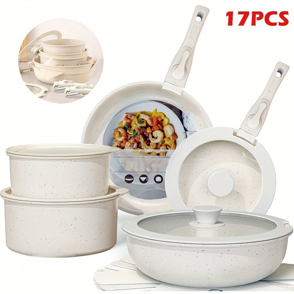 Juego de Cocina de 17 Piezas, Juego de Ollas y Sartenes Antiadherentes, Juego de Utensilios de Cocina con Sartén Profunda, Bandeja para Hornear y Otros Utensilios de Cocción, No Tóxico, Apto para Horno y Lavavajillas