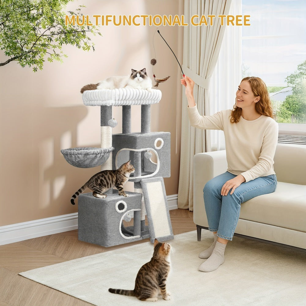 Árbol para Gatos Adecuado para Espacios Pequeños con Plataformas de Peluche, Postes de Sisal para Rascar y Base Antivuelco - Rampa de Escalada Multinivel, Cueva y Pompones - Árbol de Juego Resistente para Gatitos y Gatos (Gris Oscuro)