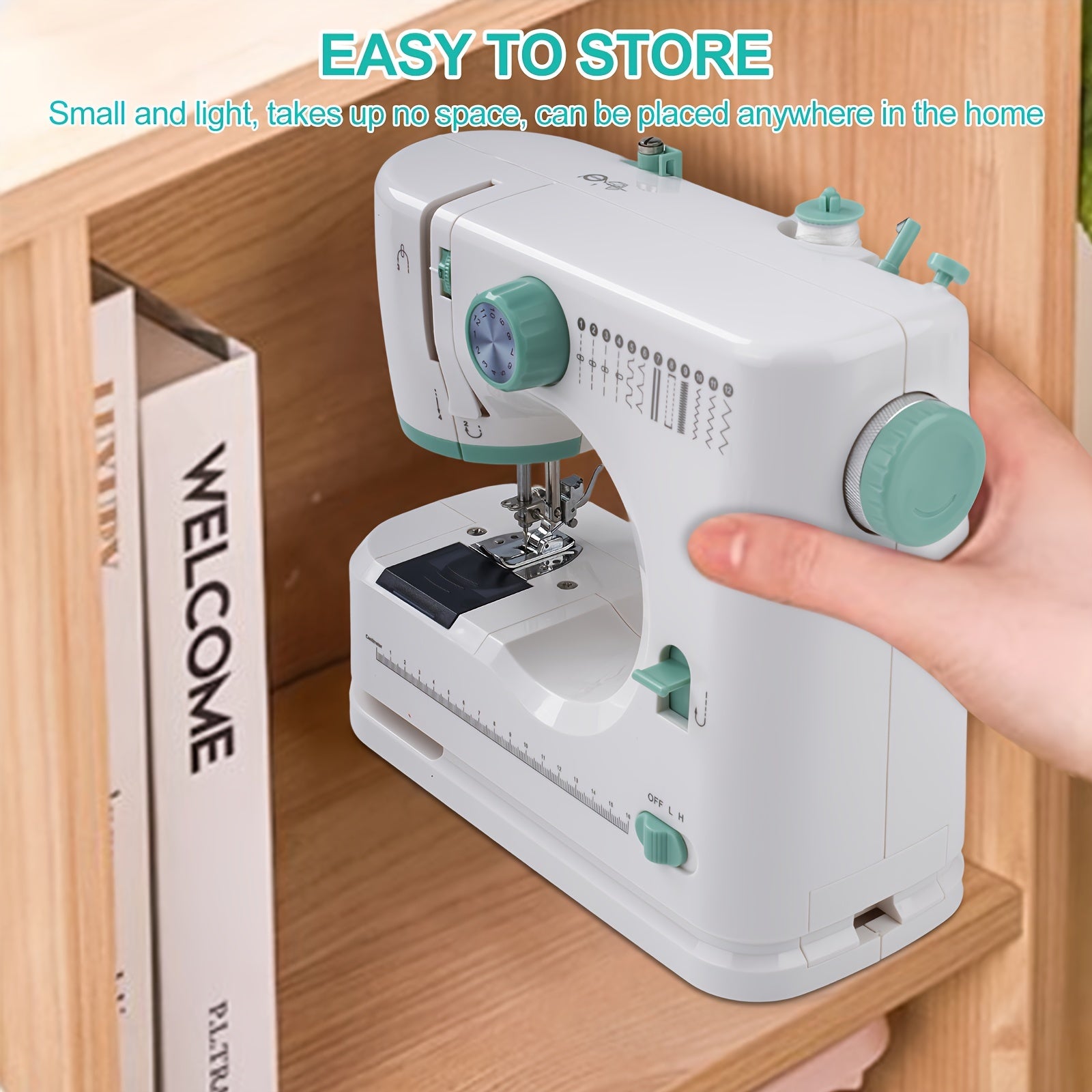 Mini Máquina de Coser con Pedal para Adultos, Máquina de Coser Multifuncional para el Hogar, 12 Puntos, Portátil, Eléctrica, para Principiantes y Aficionados al Costurero, Enchufe EU