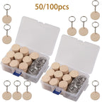 Dofiki 50/100 piezas Kit para hacer llaveros de madera, blanks de colgantes de madera con llaveros, adecuado para hacer llaveros, pintar, decoración del hogar, regalos navideños