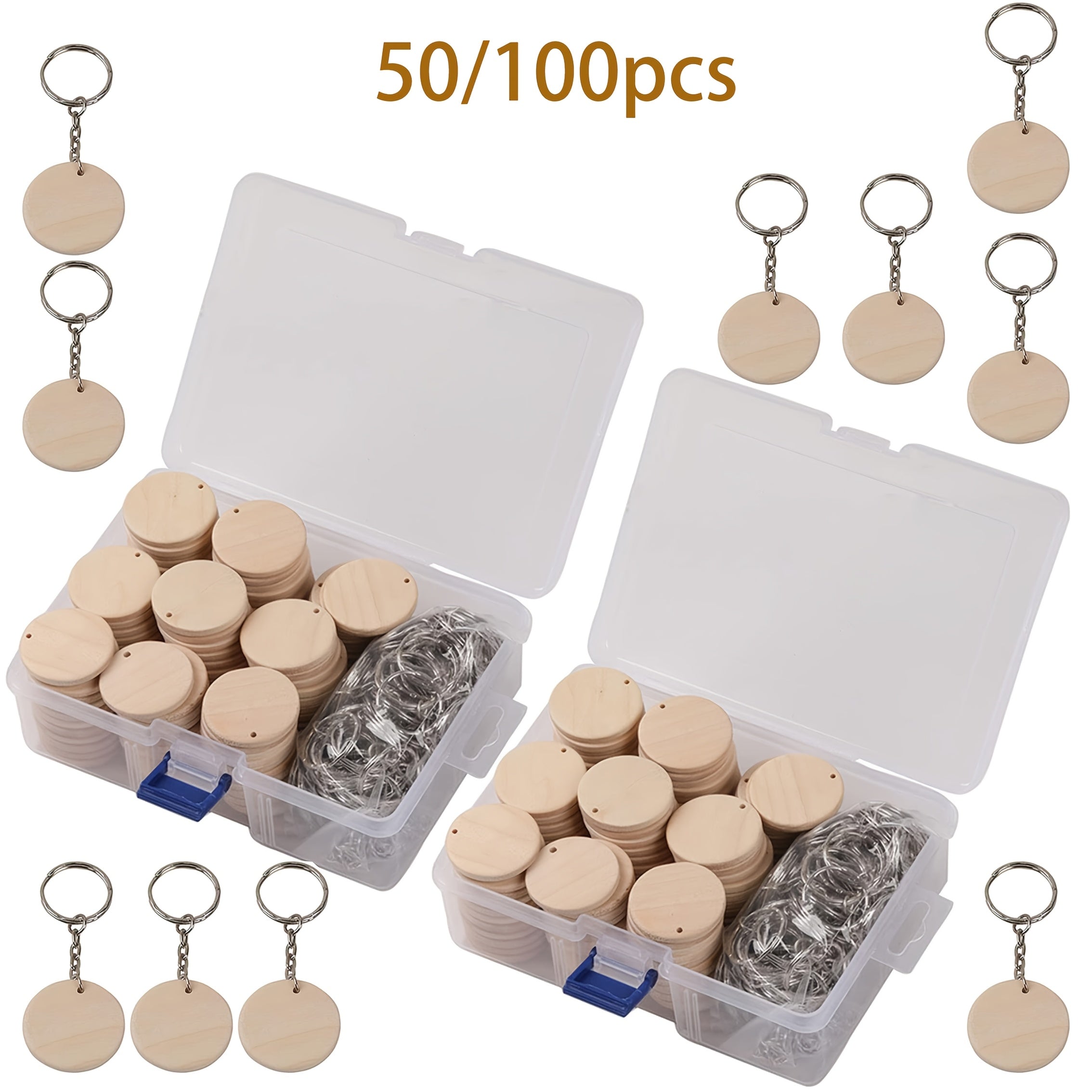 Dofiki 50/100 piezas Kit para hacer llaveros de madera, blanks de colgantes de madera con llaveros, adecuado para hacer llaveros, pintar, decoración del hogar, regalos navideños