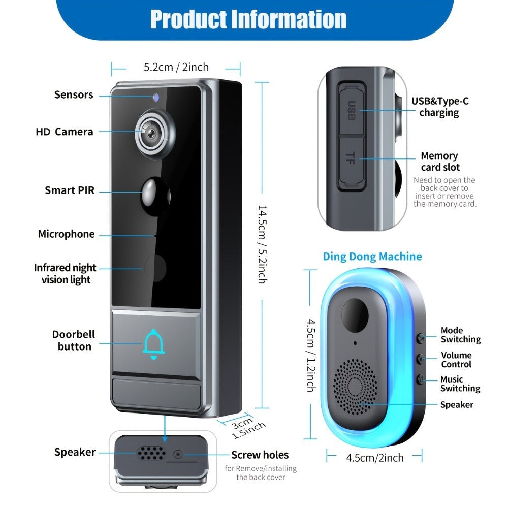 Timbre sin varillas, timbre de video inteligente, cámara de timbre inalámbrica con detección de personas PIR, timbre de seguridad WiFi con cámara, audio bidireccional, cambio de voz, foto y grabación, visión nocturna, timbre de video con 60 tonos, 5 nivel