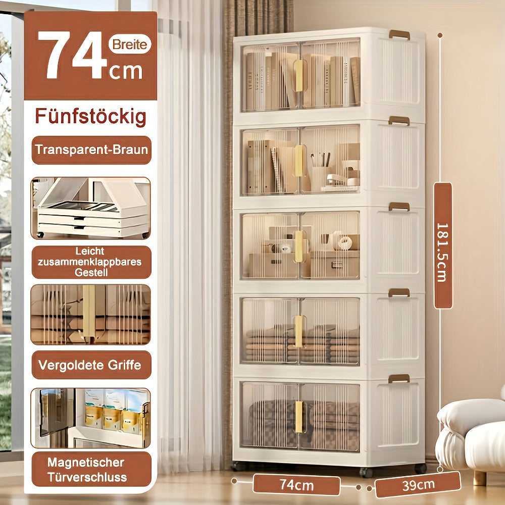 Armario de almacenamiento plegable extragrande de 74 cm con ruedas, puertas magnéticas y paneles transparentes, unidad organizadora de plástico apilable para dormitorio, sala de estar, oficina, despensa y documentos