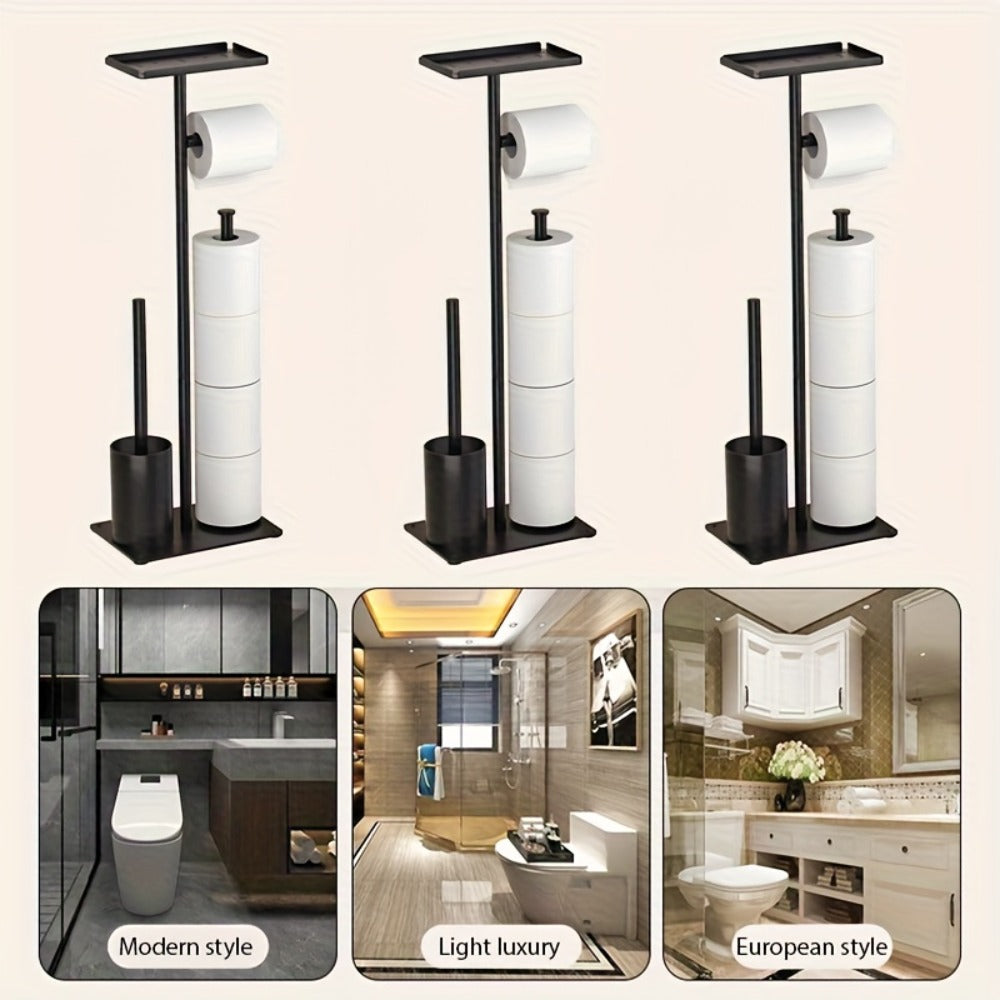 Un soporte independiente para papel higiénico con almacenamiento, un organizador de baño autoadhesivo de hierro forjado, diseñado para ahorrar espacio, con una estética minimalista moderna y un extremo metálico liso, perfecto para decorar salas de estar o
