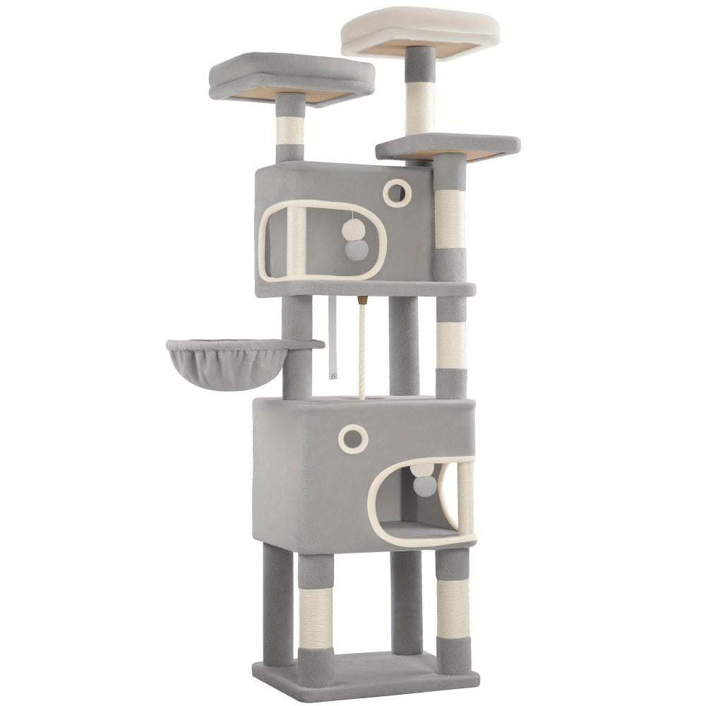 Árbol para Gatos, 180 cm con 8 Postes para Rascar, 3 Plataformas, 2 Cuevas, Cesta, Pelotas de Peluche, Cuerda de Sisal, Adecuado para Gatos de Varios Tamaños, Beige/Gris Claro/Gris Oscuro