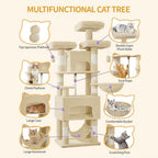 Árbol para gatos, Árbol para gatos de 176 cm, XL, 3 plataformas, 2 cuevas, 7 postes rascadores, hamaca, pelotas de felpa, poste rascador para gatos para hogares con múltiples gatos, Beige
