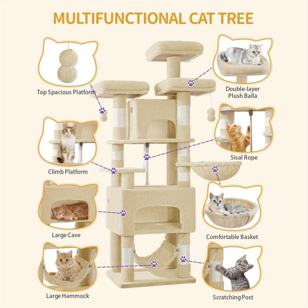 Árbol para gatos, Árbol para gatos de 176 cm, XL, 3 plataformas, 2 cuevas, 7 postes rascadores, hamaca, pelotas de felpa, poste rascador para gatos para hogares con múltiples gatos, Beige