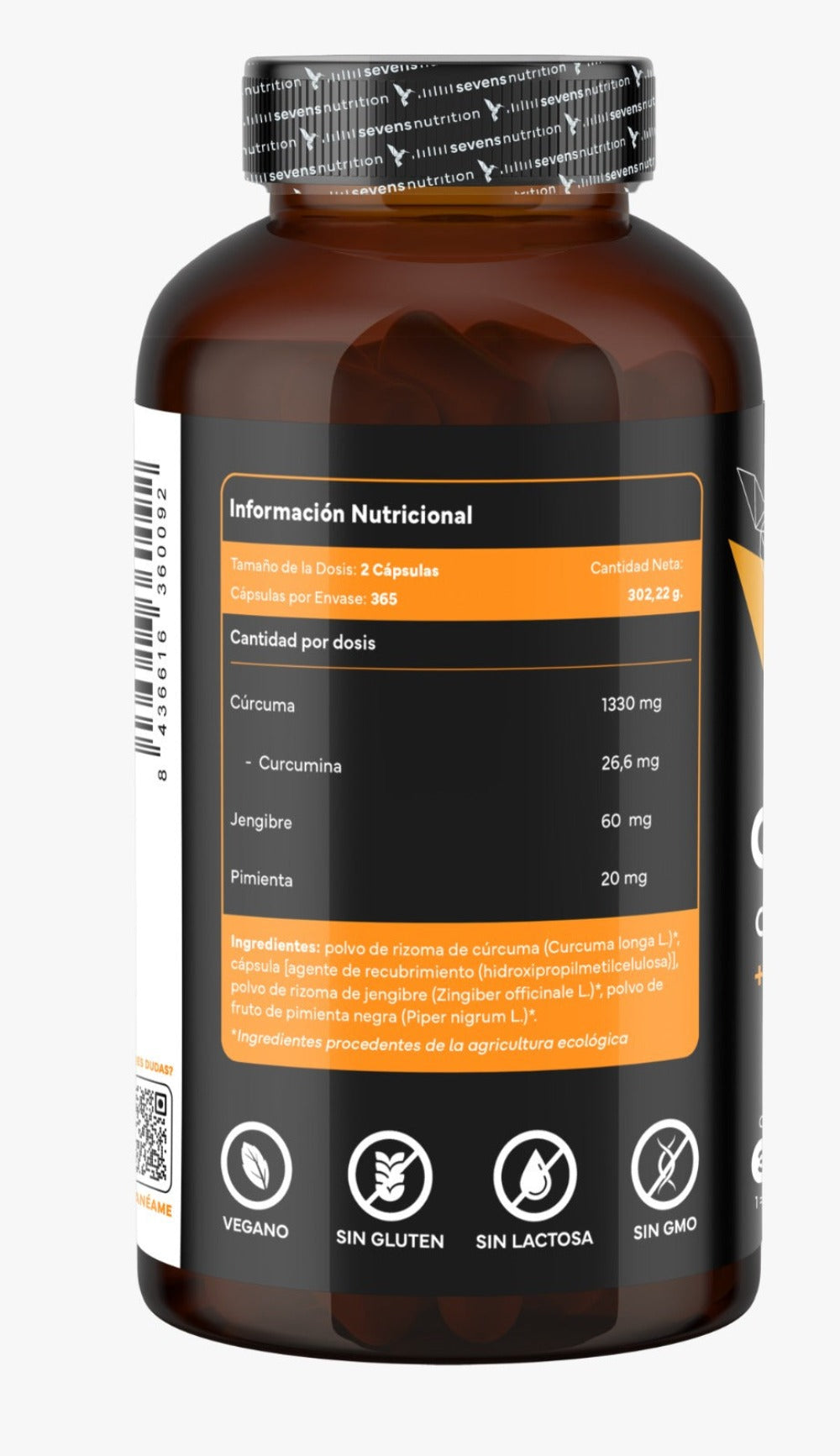 Pack 2x Cúrcuma ECO con Jengibre y Pimienta Negra – 1410 mg por dosis – 730 Cápsulas Veganas – Formato Ahorro XL – Sevens Nutrition