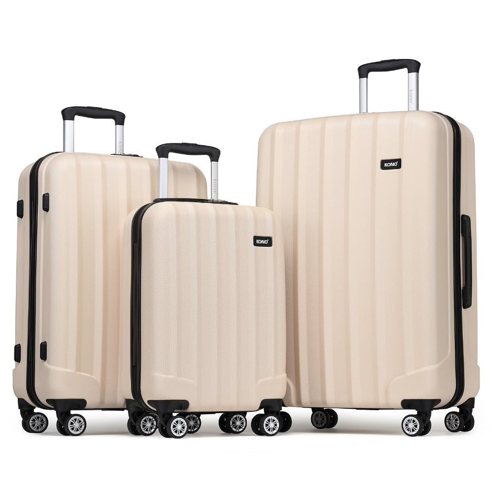 3 piezas de conjunto de maleta de cabina Beige ABS carcasa dura Carry On Trolley Case equipaje de mano ligero con 4 ruedas y cerradura de combinación