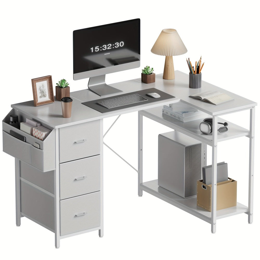 Escritorio Furnishia para Computadora con Bolsillos Laterales, Escritorio Gaming con Cajones y Bolsa de Almacenamiento, Escritorio de Esquina con Estante de Dos Niveles para Dormitorio, Estación de Trabajo, Oficina