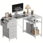 Escritorio Furnishia para Computadora con Bolsillos Laterales, Escritorio Gaming con Cajones y Bolsa de Almacenamiento, Escritorio de Esquina con Estante de Dos Niveles para Dormitorio, Estación de Trabajo, Oficina