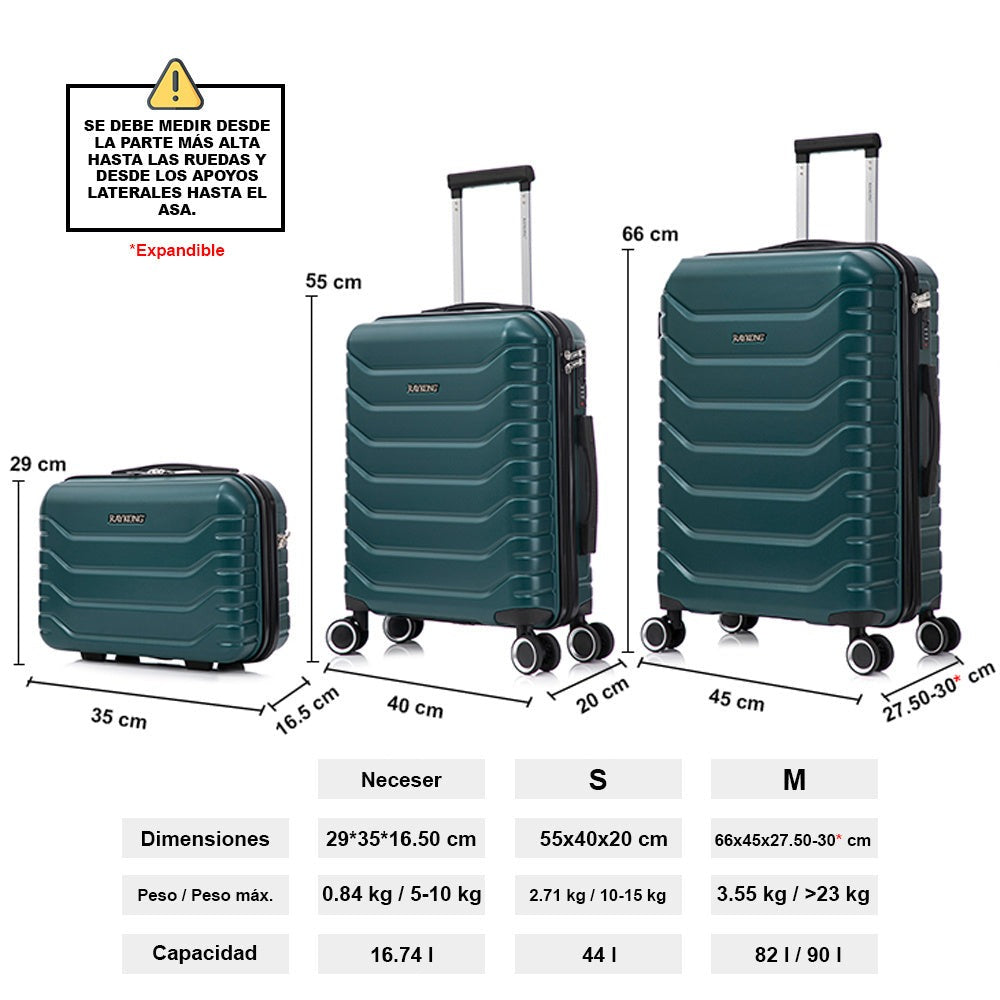 Juego de 3 Maletas 55x40x20cm ABS+Policarbonato | Maleta Mediana Expandible 66x45x27.50 - 30cm Extendido - 23kg | Neceser 29cm | Semirrígida trolley 4 ruedas giratorios a 360º cierre numérico - Negro/AzulMarino/RosaDorado/Turquesa/Menta/Verde/Amarillo/Ros
