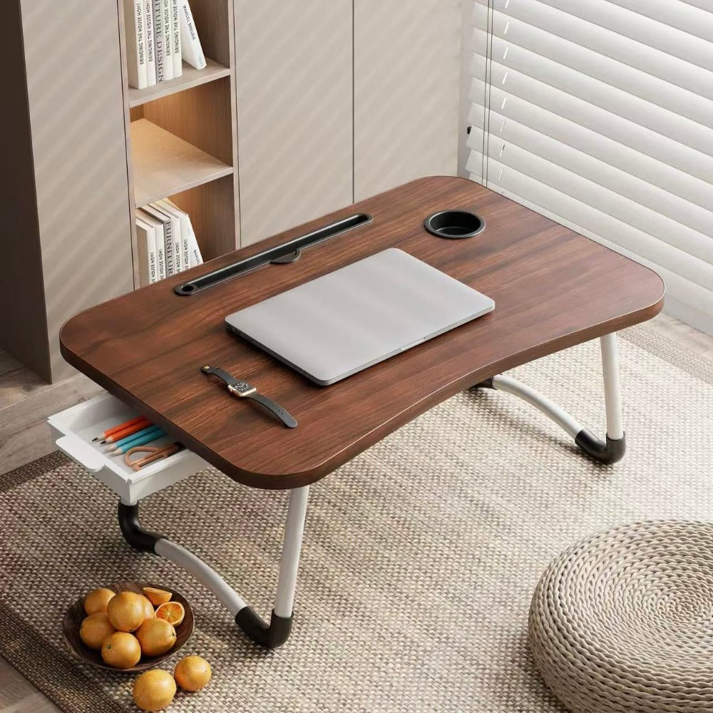 Mesa plegable multifunción para cama y sofá con portavasos, 60×40×28 cm, mesa auxiliar con atril para leer en la cama, bandeja multifunción para ordenador, libros, trabajo y estudio en casa (con cajón / sin cajón)