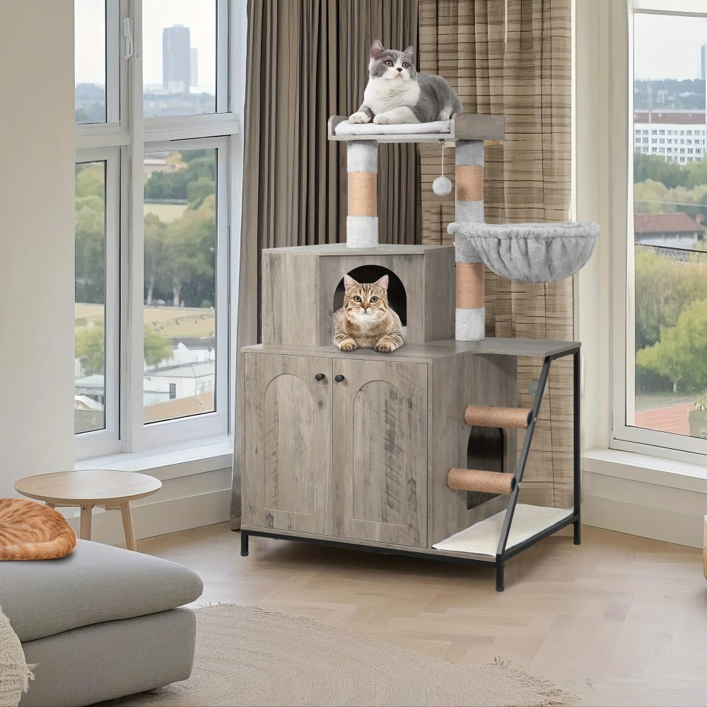 Árbol para Gatos con Gabinete para Caja de Arena, Gabinete para Gatos, Casa Moderna para Gatos 4 en 1 con Plataforma Grande, Casa para Gatos con Rascador de Sisal, Postes, Escaleras y Pompón, Cojines Lavables, Marfil Claro/Blanco