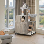 Árbol para Gatos con Gabinete para Caja de Arena, Gabinete para Gatos, Casa Moderna para Gatos 4 en 1 con Plataforma Grande, Casa para Gatos con Rascador de Sisal, Postes, Escaleras y Pompón, Cojines Lavables, Marfil Claro/Blanco