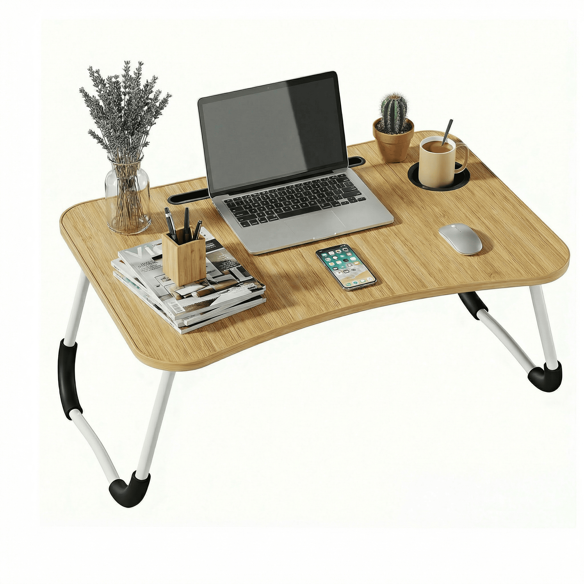 Mesa plegable para cama y sofá con portavasos, mesa auxiliar multifunción con atril para leer en la cama, bandeja multifunción para ordenador, libros, trabajo y estudio en casa (50x30x22cm)