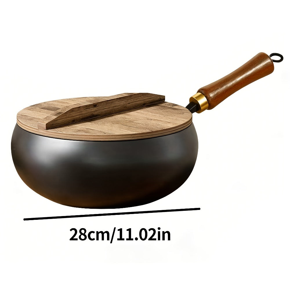 Olla Tradicional Artesanal de Hierro Fundido con Barriga Ancha - Superficie Espejo Antiadherente, Sin Recubrimiento, Diseño Antisalpicaduras y Tapa de Madera con Pomo - Construcción Resistente al Óxido para Distribución Uniforme del Calor - Esencial para