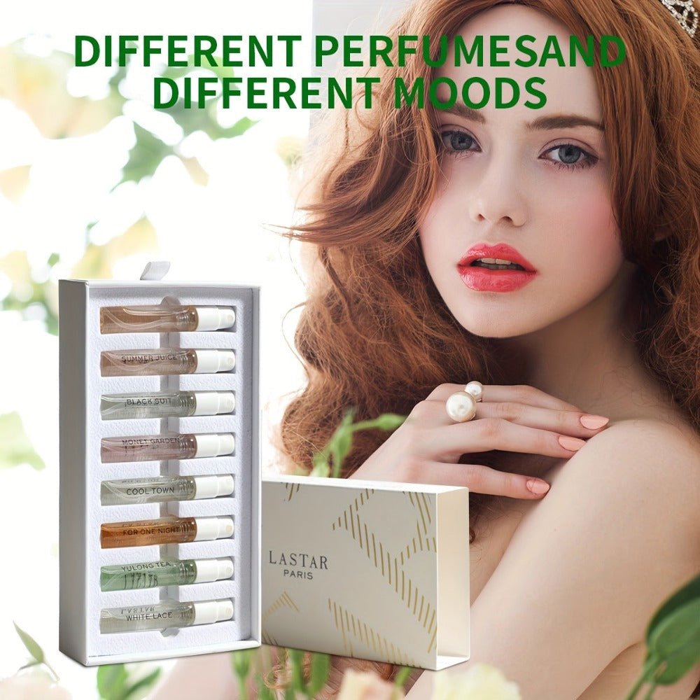 LASTAR Caja de Regalo de Perfume, 8 Bolsillos de Perfume, Fragancia Fresca para Mujer Perfume Duradero, Flores de Frutas Amaderadas con Combinación de Aromas Diferentes, Artículo Esencial para el Hogar, Citas y Viajes, Buen Regalo de Vacaciones para Mujer