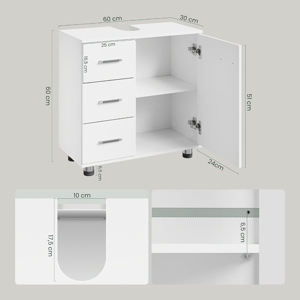 1pc Armario de Medicina, Tocador con 3 Cajones, Gabinete con 2 Compartimentos, Armario para Baño con Estante Ajustable, 60 x 60 x 30 cm, Blanco + Gris/Blanco/Blanco + Roble