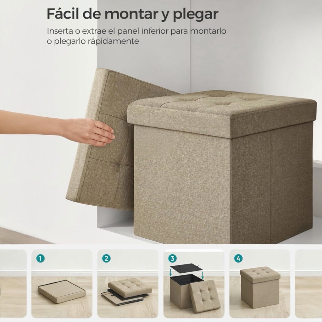 Puff o Banco de almacenaje Plegable | Taburete Reposapiés Otomana | Baúl de Almacenamiento | Taburete Reposapiés.para Cama, Dormitorio, salón, Comedor o Recibidor | 38x38x38cm | Soporta 300kg.