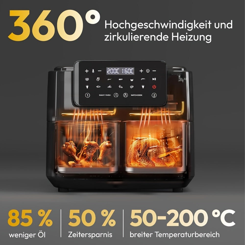 Freidora de Aire 9L XXL 9-en-1 Doble Zona con Ventana de Observación Freidora de Aire Sin Aceite 2 Cajones Pantalla Táctil Función Inteligente & Temporizador Freidora Saludable Baja en Grasa
