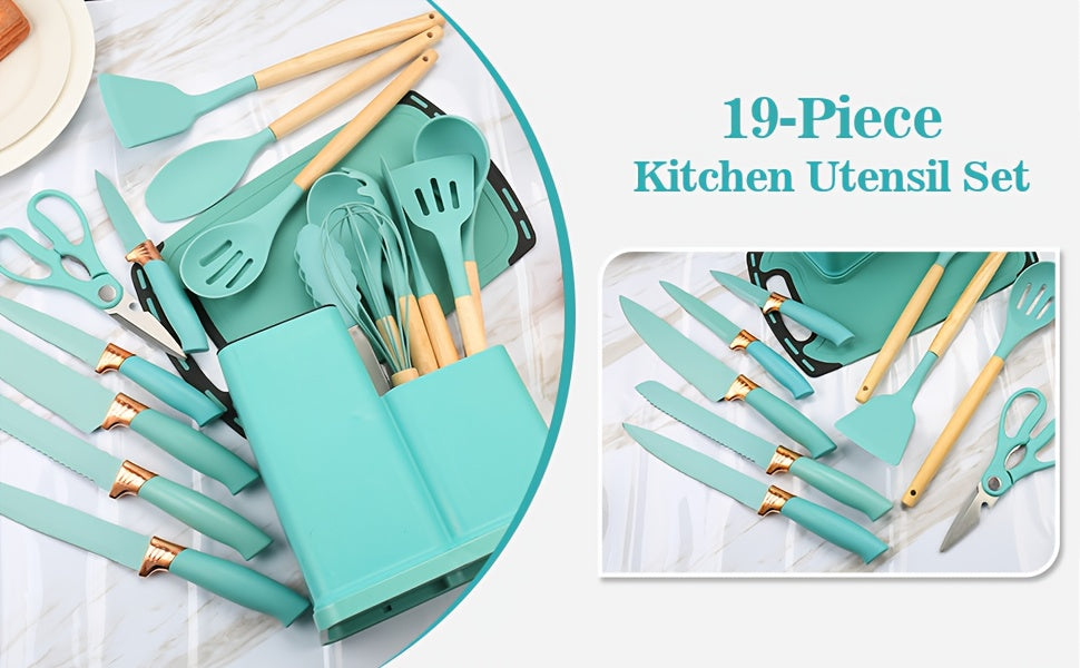 Juego de 19 piezas, Cuchillo de cocina, Juego de cocina, Juego de utensilios de cocina (Con mangos de madera), Juego de cocina de seguridad, Juego de herramientas de cocina antiadherentes, Utensilios de cocina modernos lavables, Utensilios de cocina, Adec