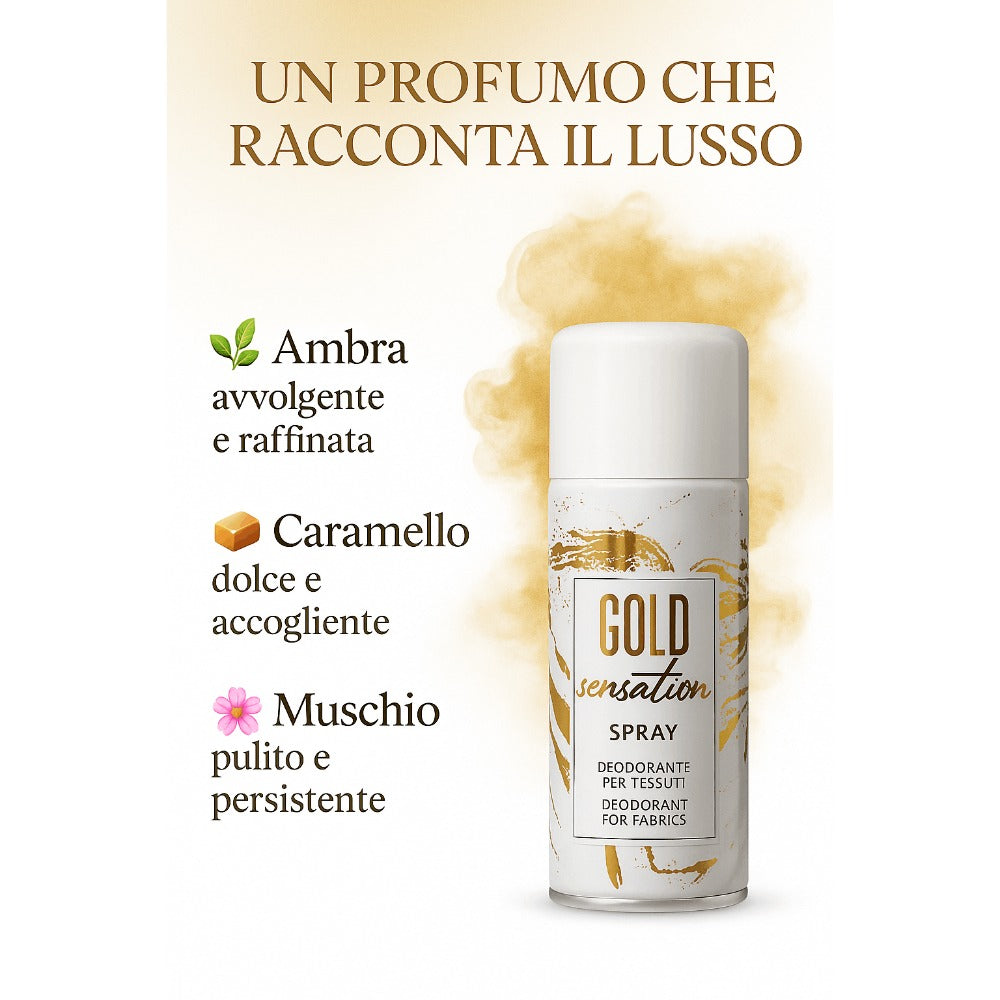 HOME PRO – Kit Profesional de Spray Desodorante para Telas, Sensación Dorada – Fragancia de Ámbar, Caramelo y Almizcle – Eliminador de Olores de Larga Duración, Aroma de Lujo – 3x150 ml – Hecho en Italia