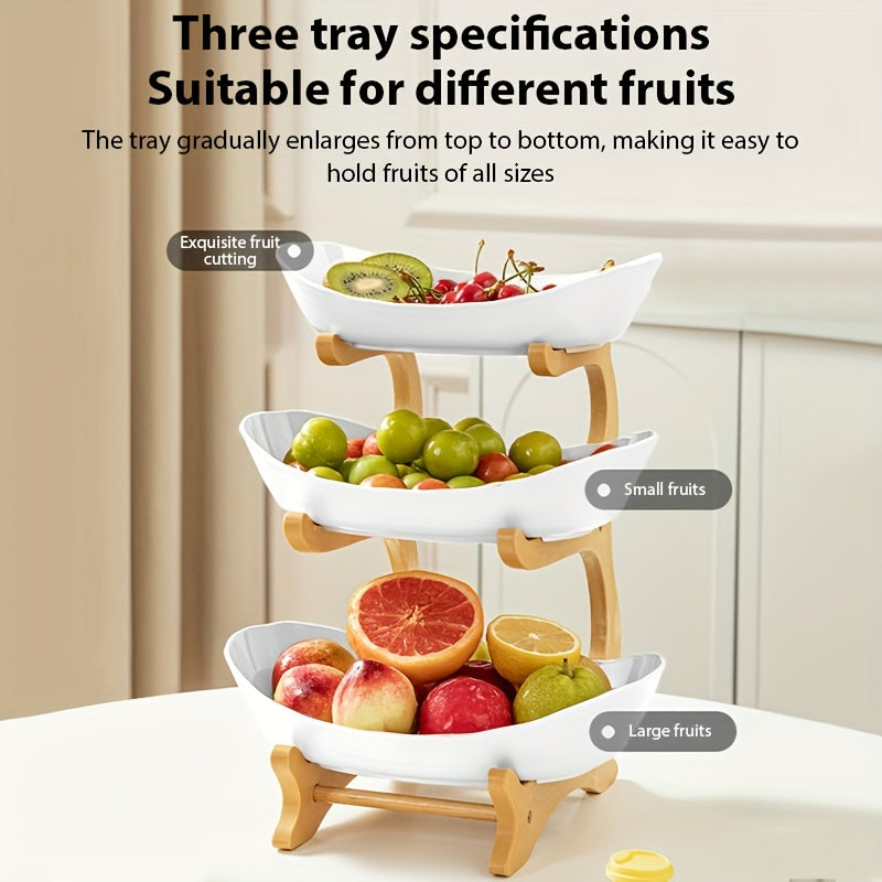 Cesta de frutas blanca de 3 niveles con gran capacidad, plato de frutas de plástico, soporte para pasteles y dulces, diseño en capas para frutas, soporte de bambú y madera, ahorra espacio, adecuado para aperitivos y bandeja de dulces para el hogar