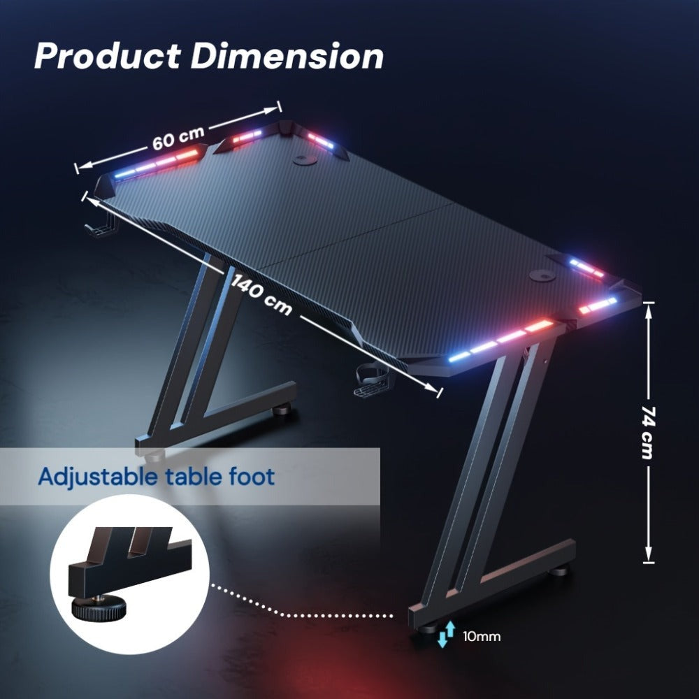 Escritorio de oficina para ordenador con LED y patas en forma de Z, escritorio gaming grande de fibra de carbono, estación de trabajo resistente para oficina en casa, escritorio para ordenador con alfombrilla para ratón, portavasos y soporte para auricula