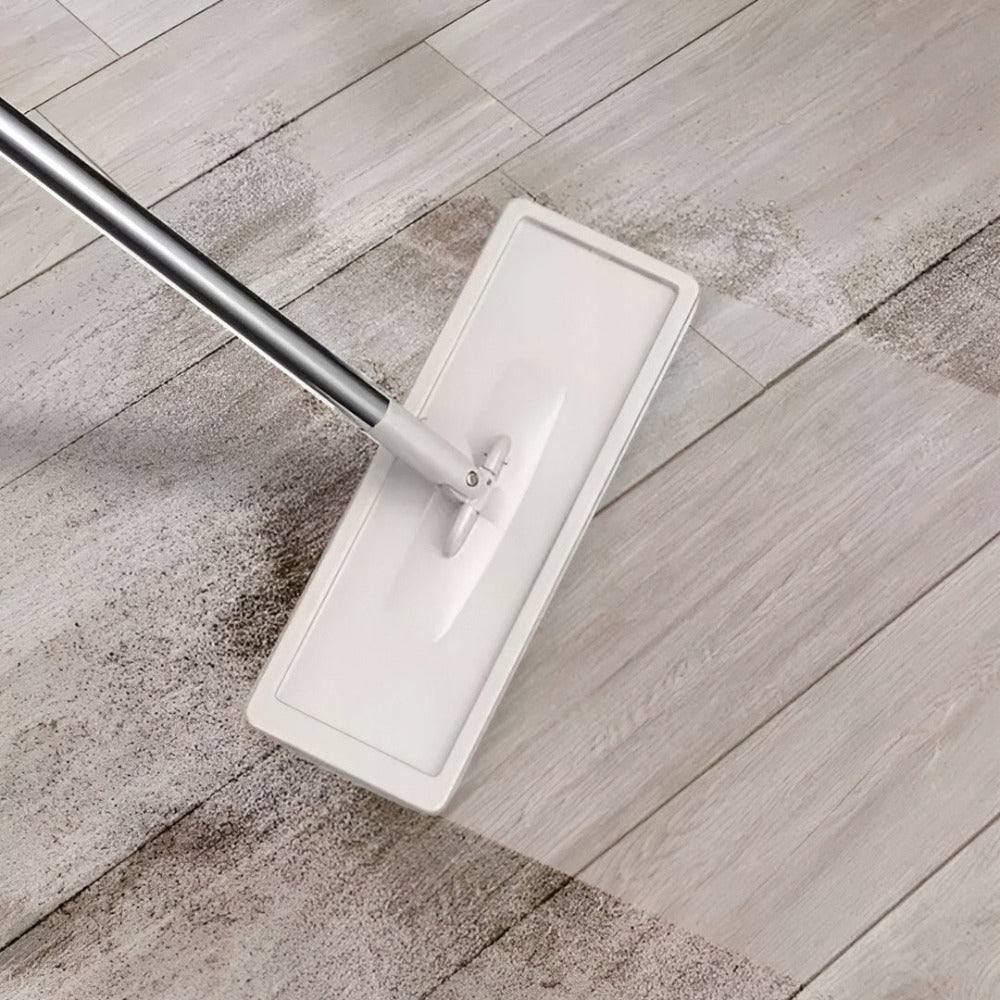 Juego de mopa plana con escurridor, cubo de dos compartimentos + 2 almohadillas de microfibra. Sistema de lavado y secado para limpieza y secado sin mojarse las manos. Cubo de 2 compartimentos con capacidad de 9L y tapones de drenaje. Cabezal giratorio de
