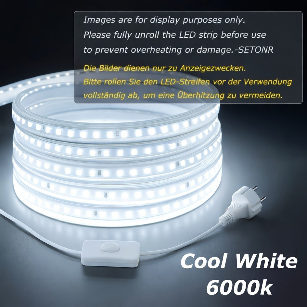 Tiras de luces LED súper brillantes AC 220V 230V | Cinta adhesiva de 120 LED/m, Cinta LED para lámpara exterior, Blanco o Blanco Cálido para cocina, jardín, decoración de habitaciones del hogar, Iluminación interior con enchufe de alimentación europeo | M