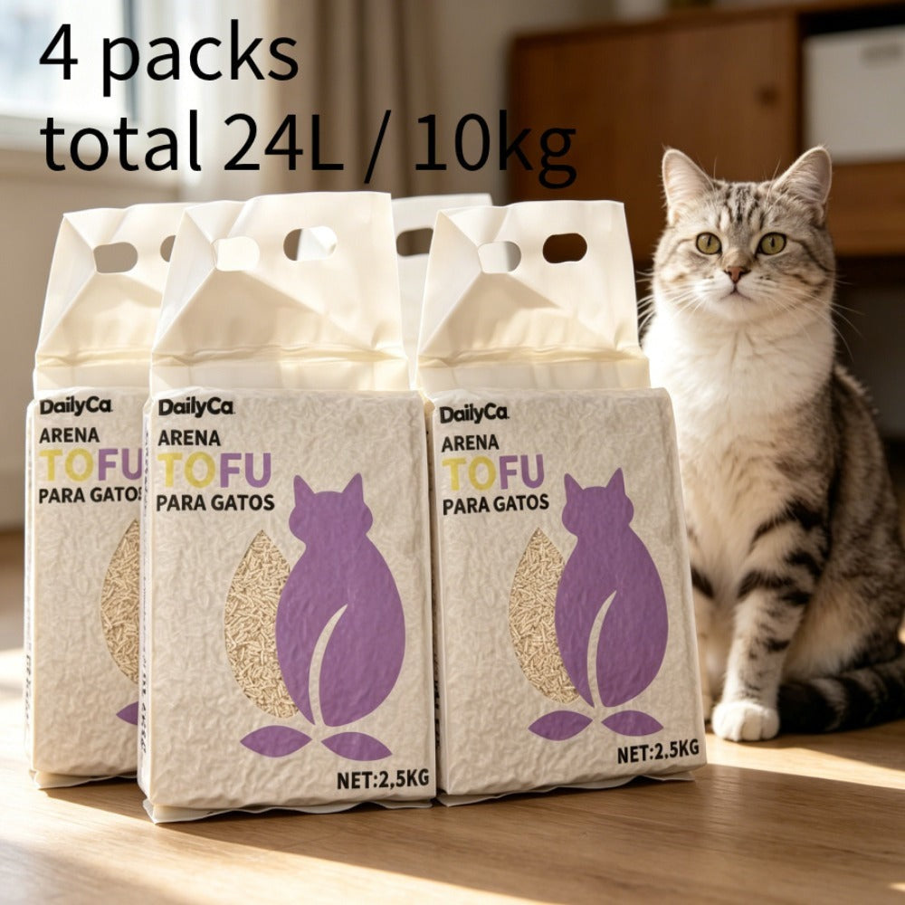 Arena para gatos de tofu, buena aglomeración, rápida absorción de agua, muy poco polvo, absorbe olores, sabor original, sabor a limón, sabor a lavanda, sabor a té verde, sabor a talco, 4 paquetes, un total de 24L.